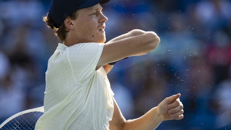 Aug 8, 2021; Washington, DC, USA; Jannik Sinner of Italy in action against Mackenzie McDonald of the United States (not pictured) during the singles final match at Citi Open at Rock Creek Park Tennis Center. Mandatory Credit: Scott Taetsch-USA TODAY Sports