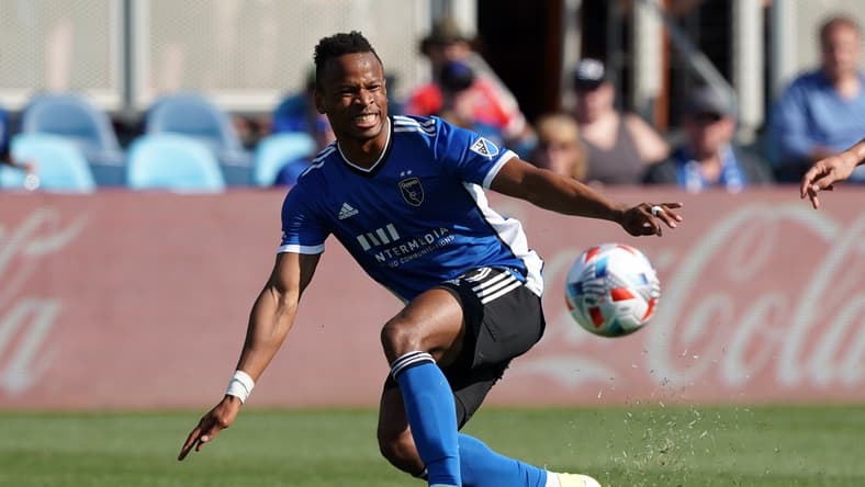 Aug 8, 2021; San Jose, California, USA; San Jose Earthquakes forward Jeremy Ebobisse (11) passes during the first half against the Los Angeles FC at PayPal Park. Mandatory Credit: Darren Yamashita-USA TODAY Sports