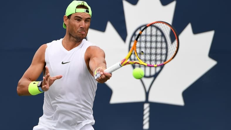 Aug 10, 2021; Toronto, Ontario, Canada; Rafael Nadal of Spain hits a shot as he practices on a day off before playing in the National Bank Open at Aviva Centre. Mandatory Credit: Dan Hamilton-USA TODAY Sports