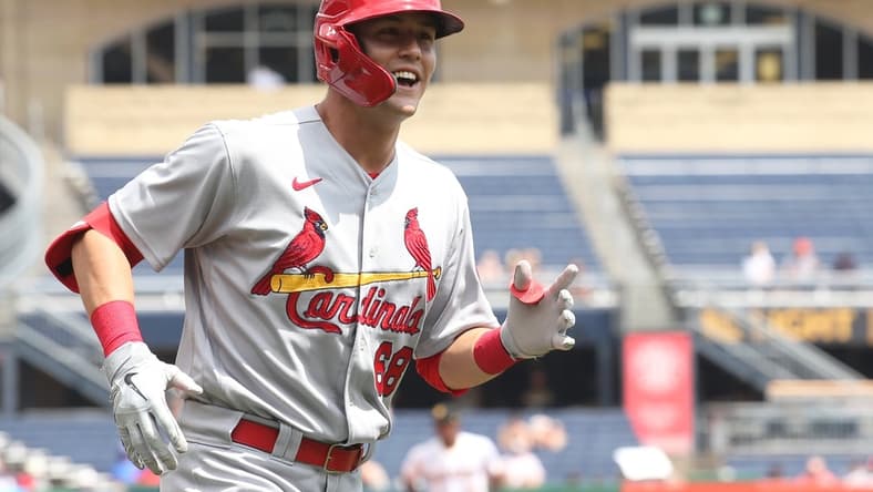 Aug 12, 2021; Pittsburgh, Pennsylvania, USA; St. Louis Cardinals right fielder Lars Nootbaar (68) reacts after hitting a two run pinch hit home run against the Pittsburgh Pirates during the fourth inning at PNC Park. Mandatory Credit: Charles LeClaire-USA TODAY Sports