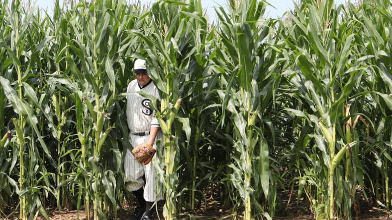 Aug 12, 2021; Dyersville, Iowa, USA; John Sutter of Dubuque, Iowa, exits the cornstalk at the original movie site before the game between the Chicago White Sox and the New York Yankees at the Field of Dreams. John has been a member of the  ghost players  team for over 10 years.   Mandatory Credit: Reese Strickland-USA TODAY Sports