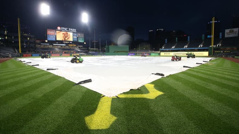 Aug 13, 2021; Pittsburgh, Pennsylvania, USA; Continuing inclement weather forces the cancellation of the game between the Milwaukee Brewers and the Pittsburgh Pirates before the first pitch at PNC Park. Mandatory Credit: Charles LeClaire-USA TODAY Sports