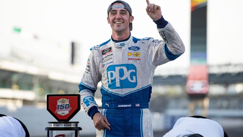 Austin Cindric (22) celebrates on the yard of bricks after winning the NASCAR Xfinity Series Pennzoil 150 on Saturday, Aug. 14, 2021, at Indianapolis Motor Speedway.Austin Cindric 22 Winner Of Nascar Xfinity Series Pennzoil 150 Race At Indianapolis Motor Speedway Saturday Aug 14 2021