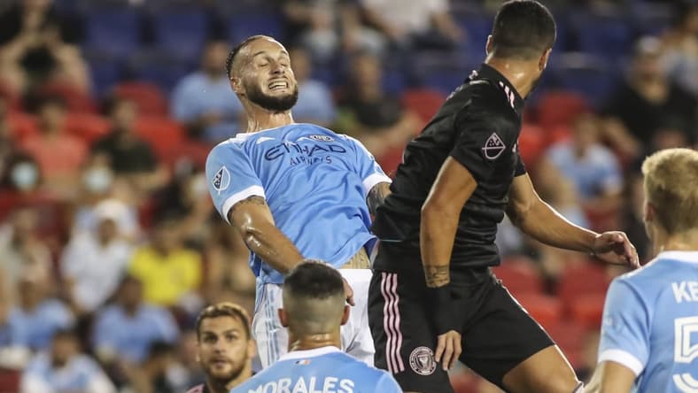 Aug 14, 2021; Harrison, New Jersey, USA; New York City FC defender Maxime Chanot (4) goes up for a header in the first half against Inter Miami CF at Red Bull Arena. Mandatory Credit: Wendell Cruz-USA TODAY Sports
