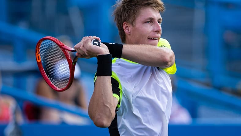 Aug 4, 2021; Washington, DC, USA; Ilya Ivashka of Belarus in action against Grigor Dimitrov of Bulgaria (not pictured) during the Citi Open at Rock Creek Park Tennis Center. Mandatory Credit: Scott Taetsch-USA TODAY Sports