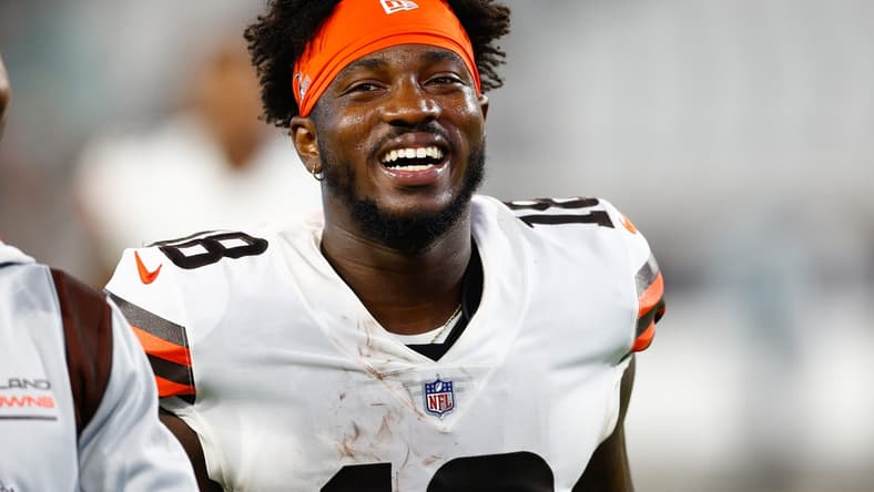Aug 14, 2021; Jacksonville, Florida, USA; Cleveland Browns wide receiver Davion Davis (18) looks on post game against the Jacksonville Jaguars at TIAA Bank Field. Mandatory Credit: Nathan Ray Seebeck-USA TODAY Sports