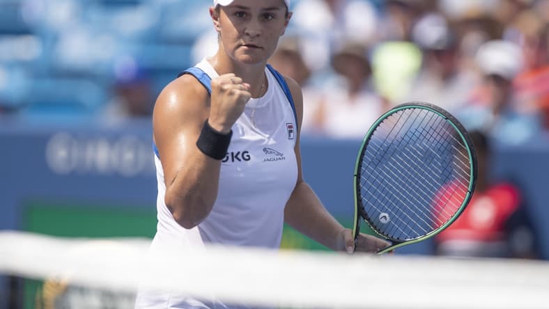 Aug 22, 2021; Mason, OH, USA; Ashleigh Barty (AUS) reacts to a shot during her match against Jil Teichmann (SUI not pictured) during the Western and Southern Open final at the Lindner Family Tennis Center. Mandatory Credit: Susan Mullane-USA TODAY Sports