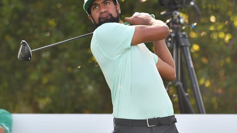 Aug 23, 2021; Jersey City, New Jersey, USA; Tony Finau hits his tee shot on the 17th hole during the final round of The Northern Trust golf tournament at the Liberty National Golf Club. Mandatory Credit: Mark Konezny-USA TODAY Sports