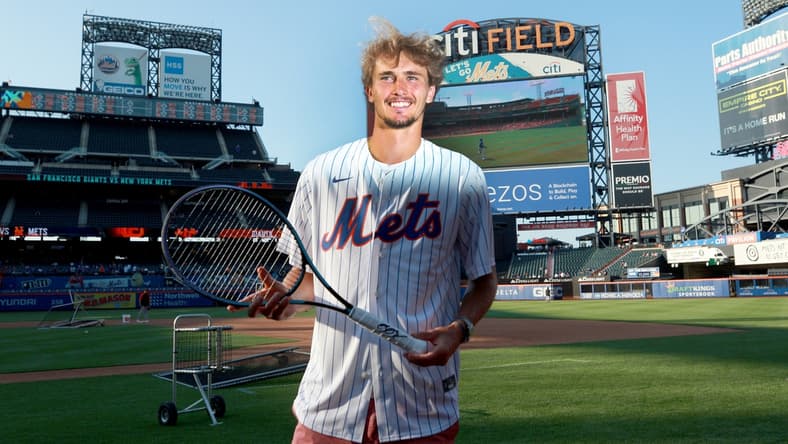 Aug 24, 2021; New York City, New York, USA; German tennis player Alexander Zverev poses for a photo on the field before a game between the New York Mets and the San Francisco Giants at Citi Field. Zverev is in New York for the U.S. Open, which begins on Monday. Mandatory Credit: Brad Penner-USA TODAY Sports
