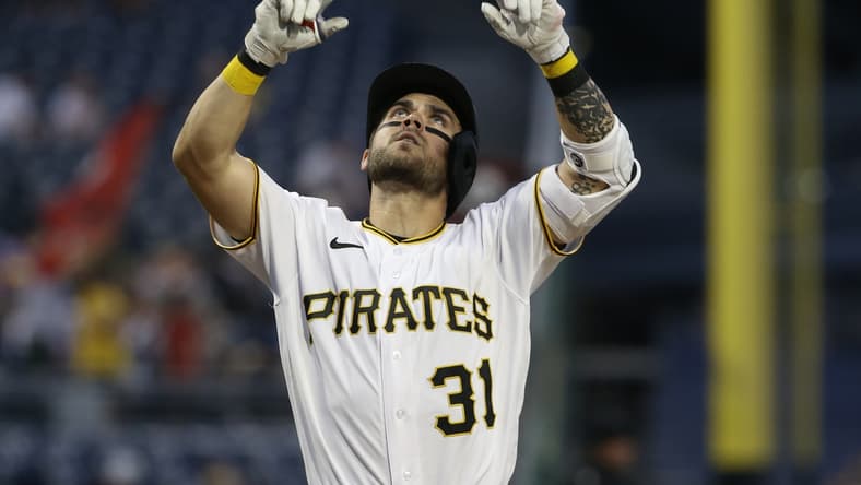 Aug 24, 2021; Pittsburgh, Pennsylvania, USA;  Pittsburgh Pirates second baseman Michael Chavis (31) gestures crossing home plate on a solo home run against the Arizona Diamondbacks during the third inning at PNC Park. Mandatory Credit: Charles LeClaire-USA TODAY Sports
