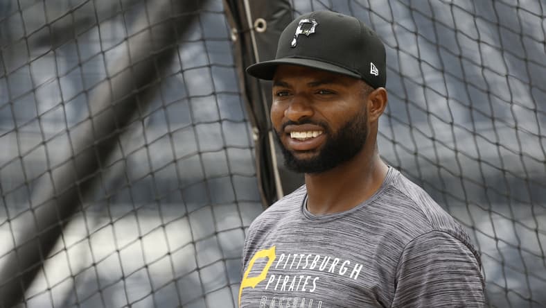 Aug 26, 2021; Pittsburgh, Pennsylvania, USA;  Pittsburgh Pirates right fielder Gregory Polanco (25) before the game against the St. Louis Cardinals at PNC Park. Mandatory Credit: Charles LeClaire-USA TODAY Sports