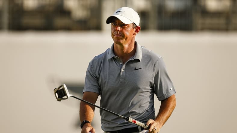 Aug 26, 2021; Owings Mills, Maryland, USA; Rory McIlroy reacts after putting on the 15th green during the first round of the BMW Championship golf tournament. Mandatory Credit: Scott Taetsch-USA TODAY Sports