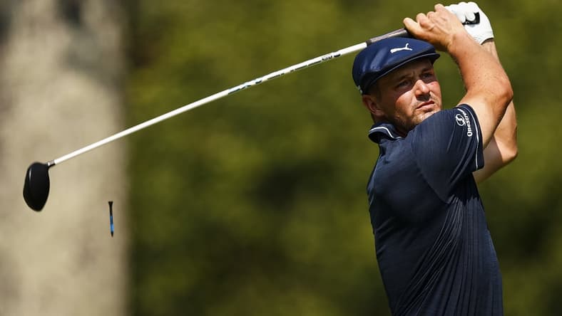 Aug 27, 2021; Owings Mills, Maryland, USA; Bryson Dechambeau plays his shot from the second tee during the second round of the BMW Championship golf tournament. Mandatory Credit: Scott Taetsch-USA TODAY Sports