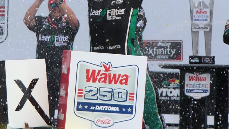 Justin Haley no. 11 celebrates in Victory Lane after winning the Wawa 250, Saturday August 28, 2021 at Daytona International Speedway.

Dtb Wawa 250 Vl 2