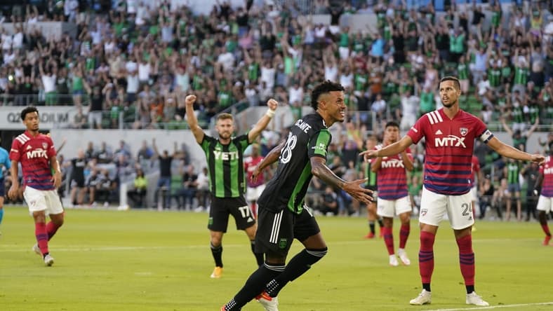 Aug 29, 2021; Austin, TX, USA; Austin FC defender Julio Cascante (18) reacts after scoring goal in first half against FC Dallas at Q2 Stadium. Mandatory Credit: Scott Wachter-USA TODAY Sports