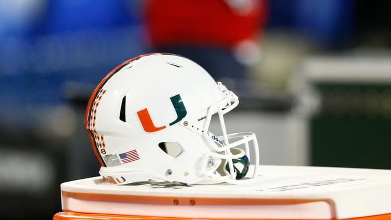 Dec 2, 2017; Charlotte, NC, USA; A Miami Hurricanes helmet lays on the sidelines in the first quarter against the Clemson Tigers in the ACC championship game at Bank of America Stadium. Mandatory Credit: Jeremy Brevard-USA TODAY Sports
