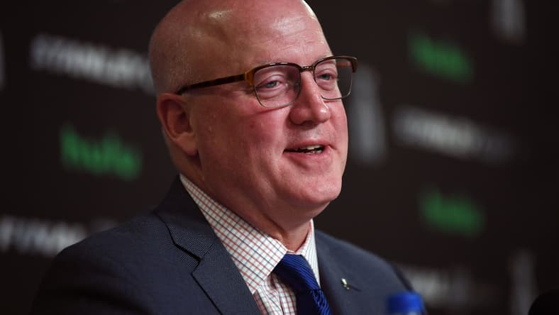 May 28, 2018; Las Vegas, NV, USA; NHL deputy commissioner Bill Daly speaks with media before game one of the 2018 Stanley Cup Final between Vegas Golden Knights and Washington Capitals at T-Mobile Arena. Mandatory Credit: Stephen R. Sylvanie-USA TODAY Sports