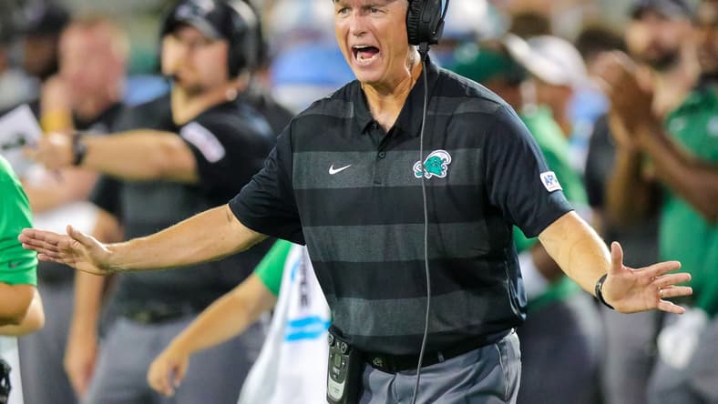 Aug 30, 2018; New Orleans, LA, USA; Tulane Green Wave head coach Willie Fritz shows emotion in the third quarter against Wake Forest Demon Deacons at Yulman Stadium. Mandatory Credit: Stephen Lew-USA TODAY Sports