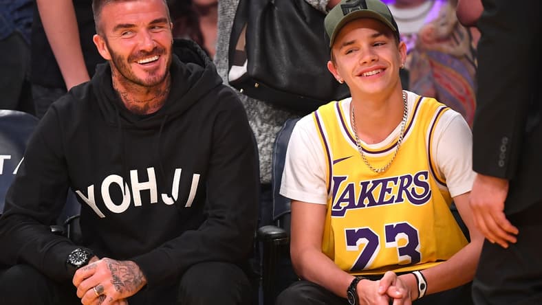 Oct 27, 2019; Los Angeles, CA, USA;  David Beckham and his son Romeo, 17 attend the game between the Los Angeles Lakers and the Charlotte Hornets at Staples Center. Mandatory Credit: Jayne Kamin-Oncea-USA TODAY Sports