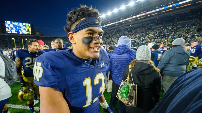 Nov 16, 2019; South Bend, IN, USA; Notre Dame Fighting Irish linebacker Paul Moala (13) leaves the field after Notre Dame defeated the Navy Midshipmen at Notre Dame Stadium. Mandatory Credit: Matt Cashore-USA TODAY Sports
