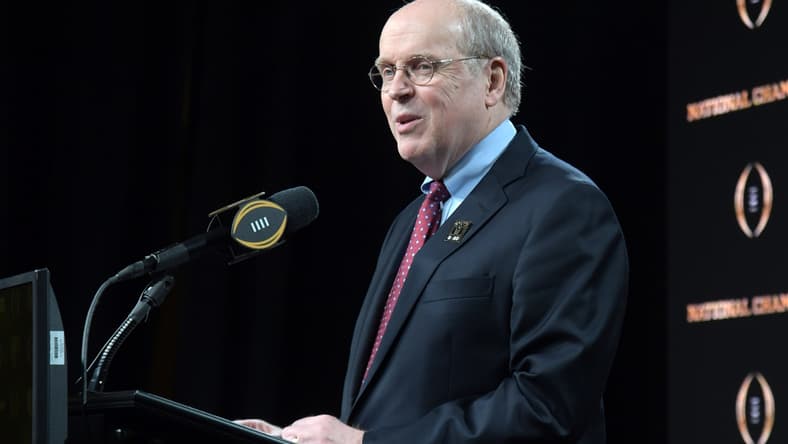 Jan 14, 2020; New Orleans, Louisiana, USA; College Football Playoff director Bill Hancock speaks during the CFP National Championship host committee press conference at the Sheraton New Orleans. Mandatory Credit: Kirby Lee-USA TODAY Sports