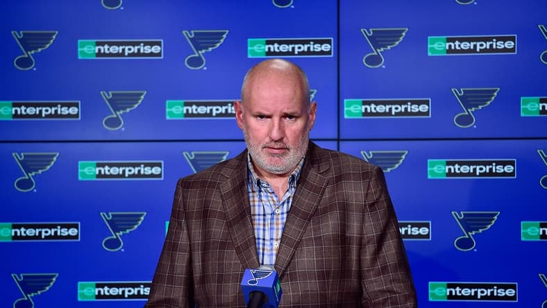Feb 18, 2020; St. Louis, Missouri, USA; St. Louis Blues general manager Doug Armstrong talks with the media about the acquisition of defenseman Marco Scandella from the Montreal Canadians prior to a game against the New Jersey Devils at Enterprise Center. Mandatory Credit: Jeff Curry-USA TODAY Sports