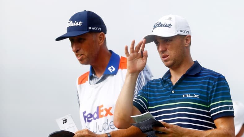 Justin Thomas talks with his caddy, Jim "Bones" Mackay, on the tee of the Par 3, No. 14 during the second round of the 2020 WGC FedEx-St. Jude Invitational on Friday, July 31, 2020 at TPC Southwind in Memphis, Tenn.
Edit Wgc W 25820