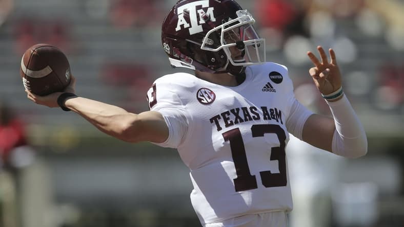 Oct 3, 2020; Tuscaloosa, Alabama, USA; Texas A&M quarterback Haynes King (13) warms up before the game with Alabama at Bryant-Denny Stadium. Mandatory Credit: Gary Cosby Jr/The Tuscaloosa News via USA TODAY Sports