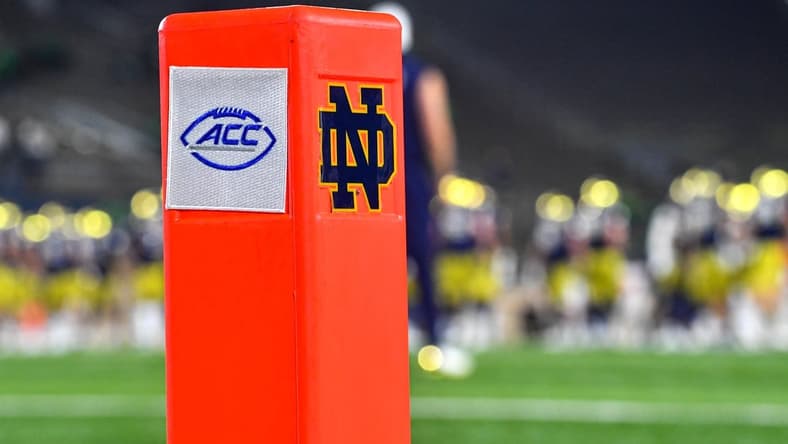 Nov 7, 2020; South Bend, Indiana, USA; An end zone pylon has the Notre Dame and ACC logos in at Notre Dame Stadium before the game between the Notre Dame Fighting Irish and the Clemson Tigers. Notre Dame is playing in the ACC in the 2020 season. Notre Dame defeated Clemson 47-40 in two overtimes. Mandatory Credit: Matt Cashore-USA TODAY Sports