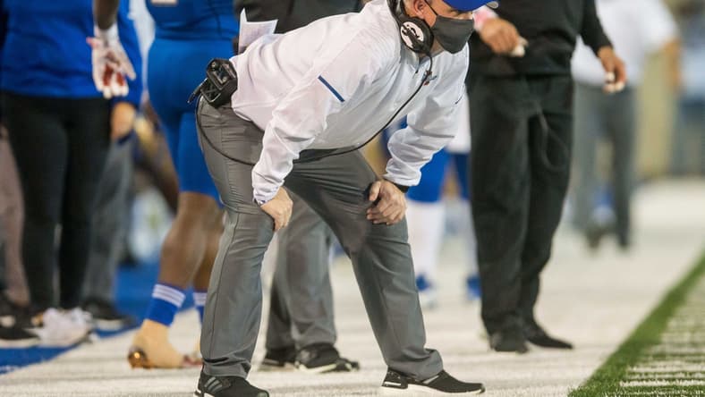 Nov 14, 2020; Tulsa, Oklahoma, USA; Tulsa Golden Hurricane head coach Philip Montgomery watches a play during the game against the Southern Methodist Mustangs at Skelly Field at H.A. Chapman Stadium. Tulsa won 28-24. Mandatory Credit: Brett Rojo-USA TODAY Sports
