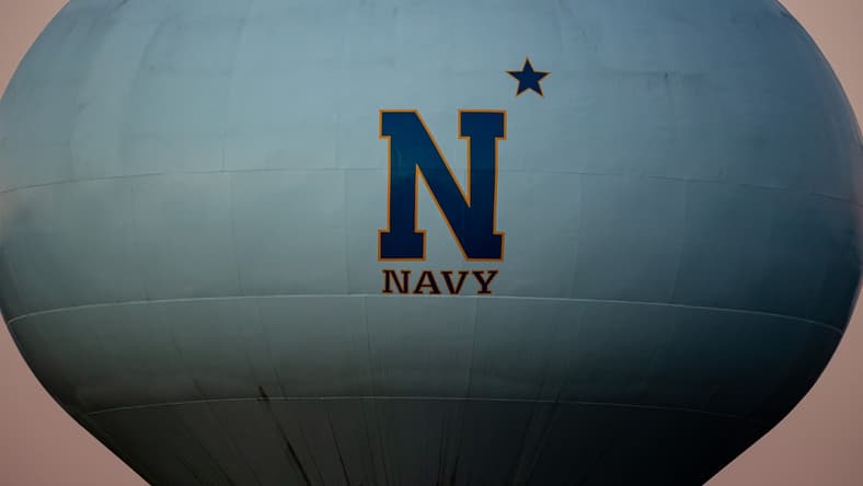 Nov 28, 2020; Annapolis, Maryland, USA; A general view of the Navy Midshipmen logo on a water tower near the stadium is seen before the game between the Navy Midshipmen and the Memphis Tigers at Navy-Marine Corps Memorial Stadium. Mandatory Credit: Scott Taetsch-USA TODAY Sports
