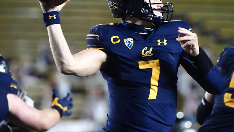 Dec 5, 2020; Berkeley, California, USA; California Golden Bears quarterback Chase Garbers (7) throws the ball against the Oregon Ducks during the third quarter at California Memorial Stadium. Mandatory Credit: Kelley L Cox-USA TODAY Sports