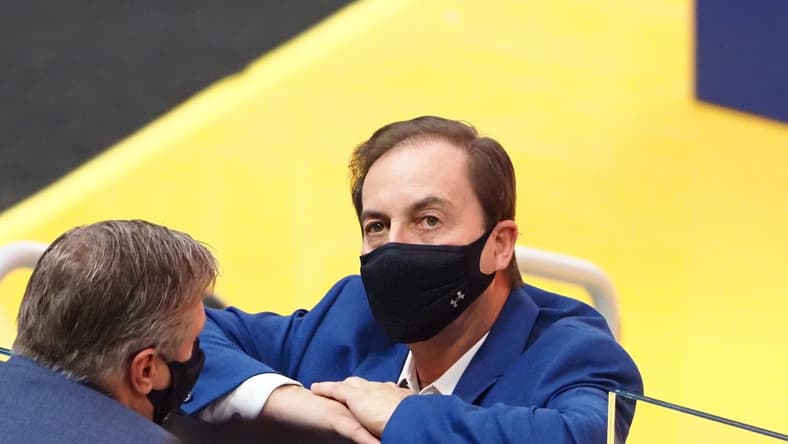Jan 3, 2021; San Francisco, California, USA; Golden State Warriors majority owner Joe Lacob stands court side before the game against the Portland Trail Blazers at Chase Center. Mandatory Credit: Kelley L Cox-USA TODAY Sports