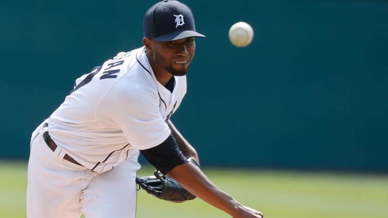 Apr 3, 2021; Detroit, Michigan, USA; Detroit Tigers starting pitcher Julio Teheran (50) pitches in the first inning against the Cleveland Indians at Comerica Park. Mandatory Credit: Rick Osentoski-USA TODAY Sports