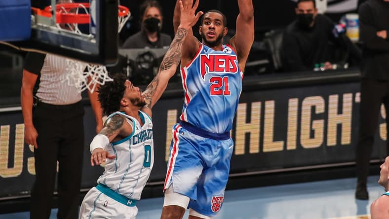 Apr 1, 2021; Brooklyn, New York, USA;  Brooklyn Nets center LaMarcus Aldridge (21) at Barclays Center. Mandatory Credit: Wendell Cruz-USA TODAY Sports
