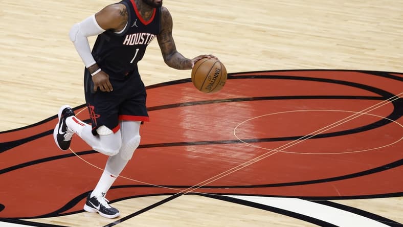 Apr 19, 2021; Miami, Florida, USA;  Houston Rockets guard John Wall (1) bring the ball up court against the Miami Heat at American Airlines Arena. Mandatory Credit: Rhona Wise-USA TODAY Sports