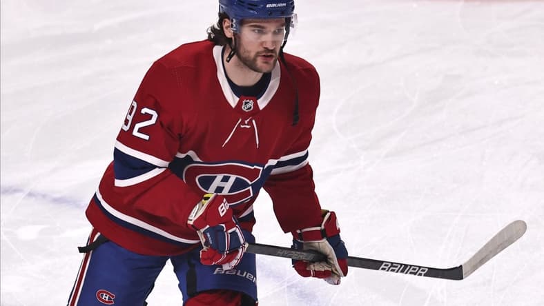 Apr 12, 2021; Montreal, Quebec, CAN; Montreal Canadiens left wing Jonathan Drouin (92) during the warm-up session before the game against Toronto Maple Leafs at Bell Centre. Mandatory Credit: Jean-Yves Ahern-USA TODAY Sports