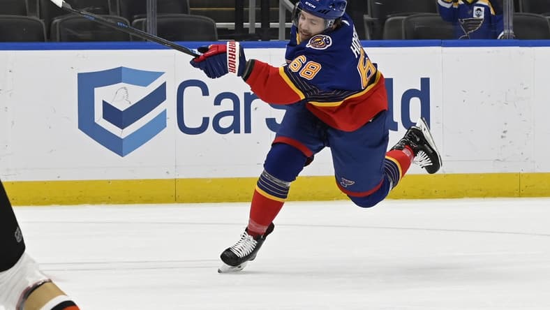 May 5, 2021; St. Louis, Missouri, USA; St. Louis Blues center Mike Hoffman (68) scores a power play goal in a game against the Anaheim Ducks in the first period at Enterprise Center. Mandatory Credit: Jeff Le-USA TODAY Sports
