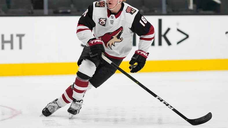 May 8, 2021; San Jose, California, USA;  Arizona Coyotes center Christian Dvorak (18) during the second period against the San Jose Sharks at SAP Center at San Jose. Mandatory Credit: Stan Szeto-USA TODAY Sports