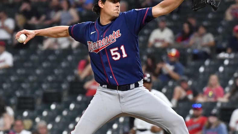 May 21, 2021; Cleveland, Ohio, USA; Minnesota Twins relief pitcher Luke Farrell (51) throws a pitch during the ninth inning against the Cleveland Indians at Progressive Field. Mandatory Credit: Ken Blaze-USA TODAY Sports