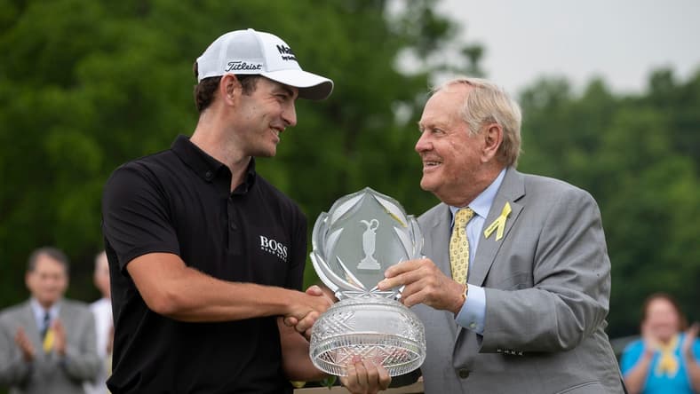 Patrick Cantlay receives the trophy for winning the Memorial Tournament from Jack Nicklaus following his playoff win over Collin Morikawa at Muirfield Village Golf Club in Dublin, Ohio on Sunday, June 6, 2021.

The Memorial Tournament Pga Golf