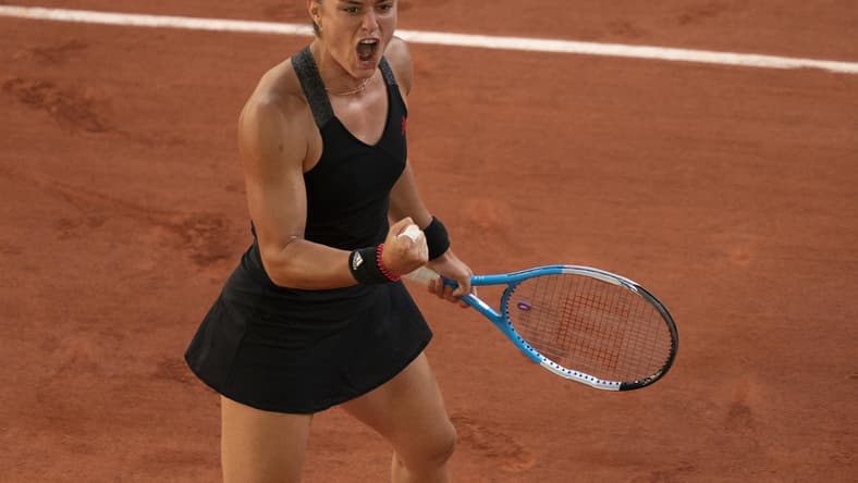 Jun 10, 2021; Paris, France; Maria Sakkari (GRE) reacts during her semifinal match against Barbora Krejcikova (CZE) on day 12 of the French Open at Stade Roland Garros. Mandatory Credit: Susan Mullane-USA TODAY Sports