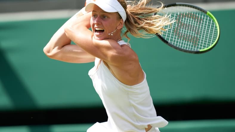 Jul 2, 2021; London, United Kingdom; Liudmila Samsonova (RUS) seen playing Sloane Stephens (USA) in the womens third round at All England Lawn Tennis and Croquet Club. Mandatory Credit: Peter van den Berg-USA TODAY Sports