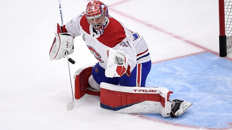 Jul 7, 2021; Tampa, Florida, USA; Montreal Canadiens goaltender Carey Price (31) warms up before game five of the 2021 Stanley Cup Final against the Tampa Bay Lightning at Amalie Arena. Mandatory Credit: Douglas DeFelice-USA TODAY Sports