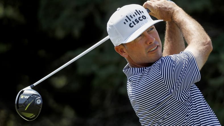 Jul 25, 2021; Blaine, Minnesota, USA; Chez Reavie tees off from the 2nd tee box during the final round of the 3M Open golf tournament. Mandatory Credit: Bruce Kluckhohn-USA TODAY Sports