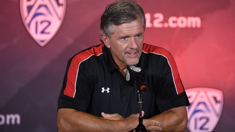 Jul 27, 2021; Hollywood, CA, USA; Utah Utes head coach Kyle Whittingham speaks with the media during the Pac-12 football Media Day at the W Hollywood. Mandatory Credit: Kelvin Kuo-USA TODAY Sports