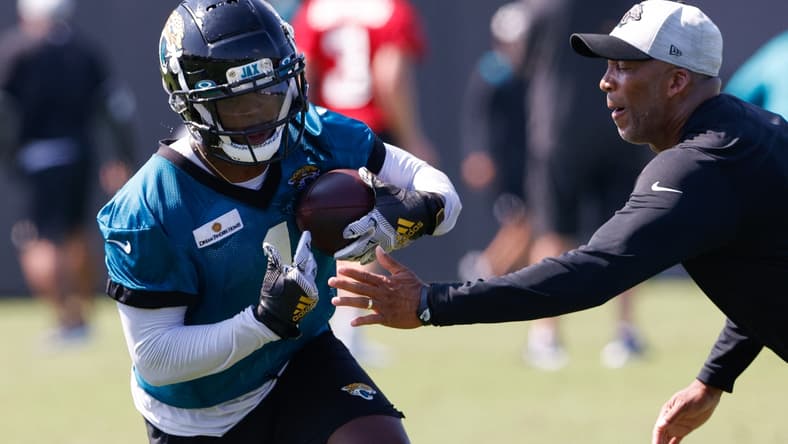 Jul 29, 2021; Jacksonville, FL, USA;  Jacksonville Jaguars running back Travis Etienne (1) participates in training camp at Dream Finders Homes practice field Mandatory Credit: Nathan Ray Seebeck-USA TODAY Sports