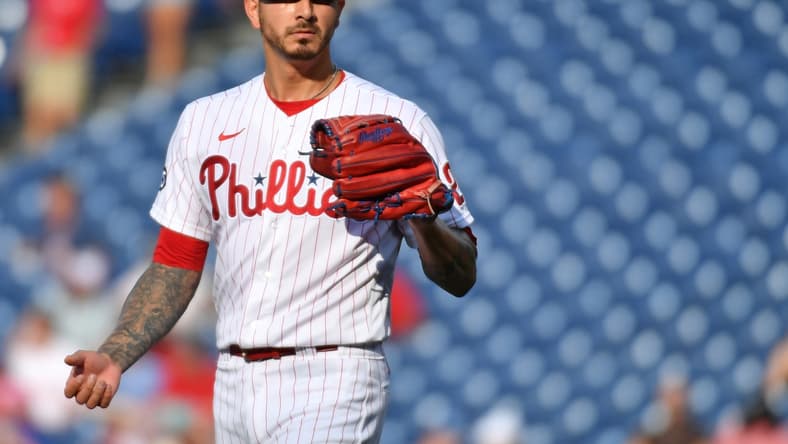 Jul 24, 2021; Philadelphia, Pennsylvania, USA;  Philadelphia Phillies starting pitcher Vince Velasquez (21) during the first inning against the Atlanta Braves at Citizens Bank Park. Mandatory Credit: Eric Hartline-USA TODAY Sports