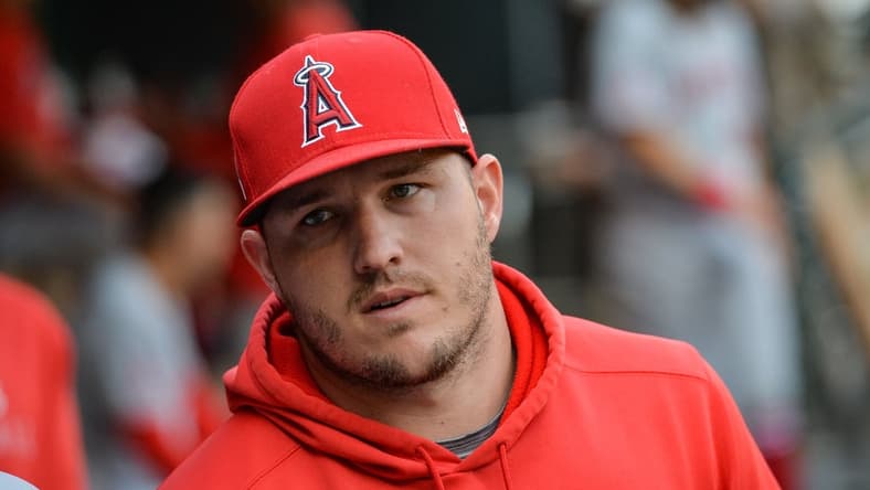 Jul 24, 2021; Minneapolis, Minnesota, USA; Los Angeles Angels center fielder Mike Trout (27) before the game against the Minnesota Twins at Target Field. Mandatory Credit: Jeffrey Becker-USA TODAY Sports