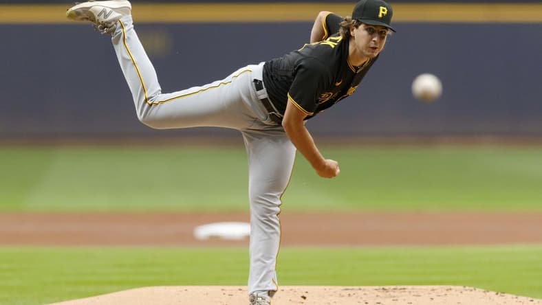 Aug 3, 2021; Milwaukee, Wisconsin, USA; Pittsburgh Pirates pitcher Max Kranick (45) throws a pitch against the Milwaukee Brewers during the first inning at American Family Field. Mandatory Credit: Jeff Hanisch-USA TODAY Sports